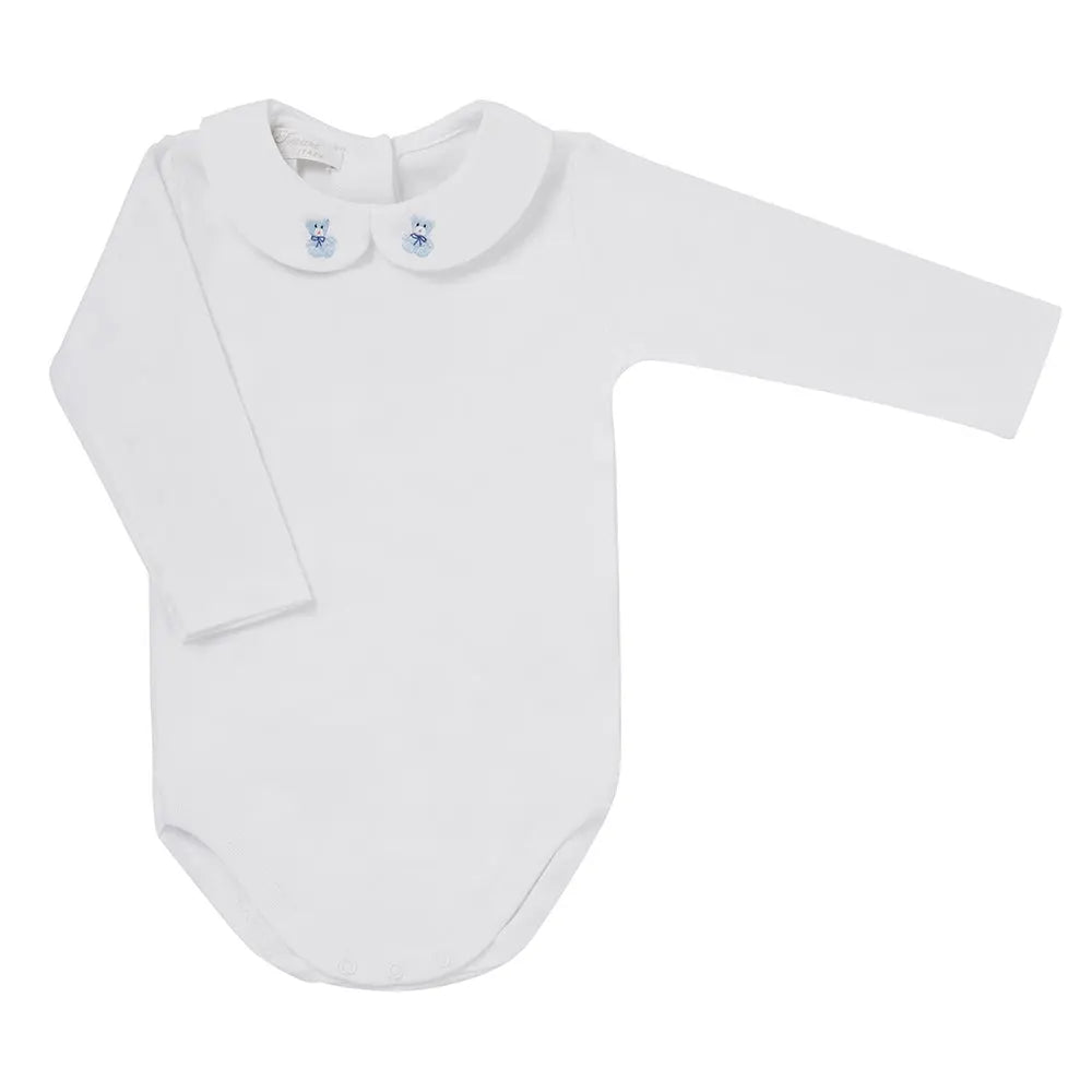 Long- sleeve body embroidered teddy blue-Layette-Ferrari Mariella-Blue Almonds-London-South Kensington