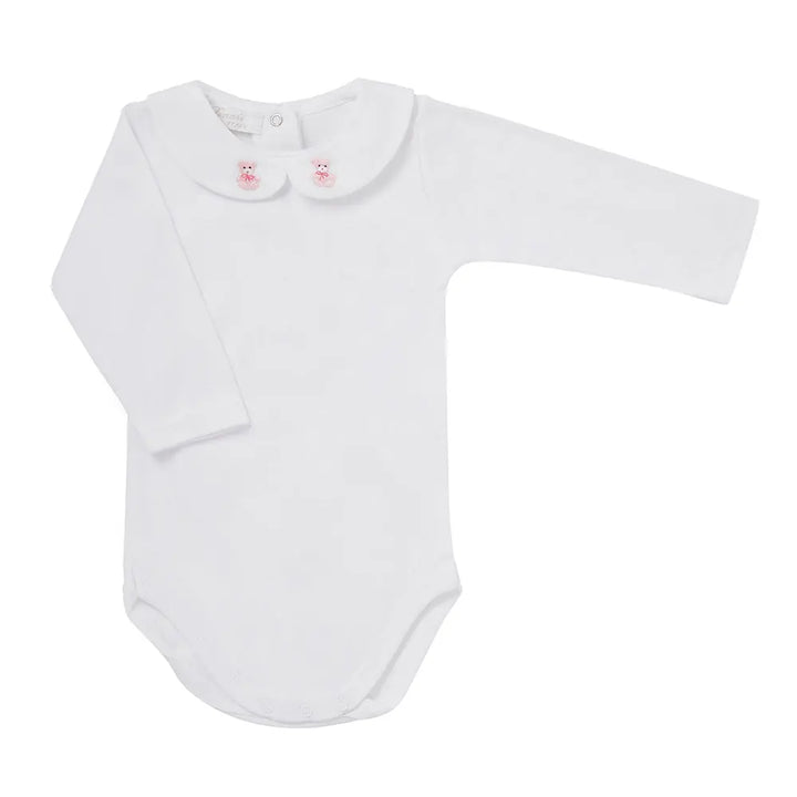 Long- sleeve body embroidered teddy pink-Layette-Ferrari Mariella-Blue Almonds-London-South Kensington