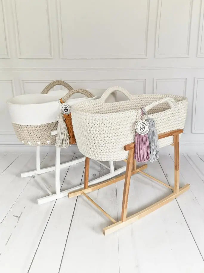 Handmade Crochet Moses Basket Cream Blue Almonds