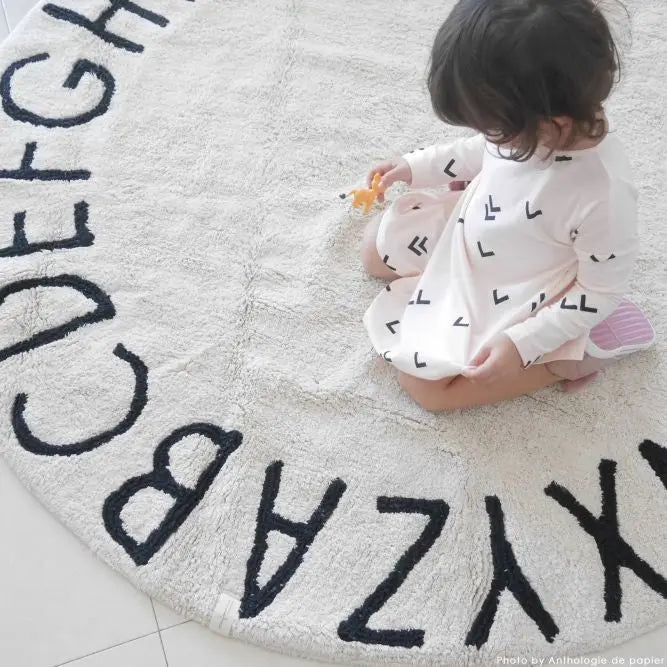 Washable cotton rug "round ABC" natural - black-Nursery & Beyond-Lorena Canals-Blue Almonds-London-South Kensington