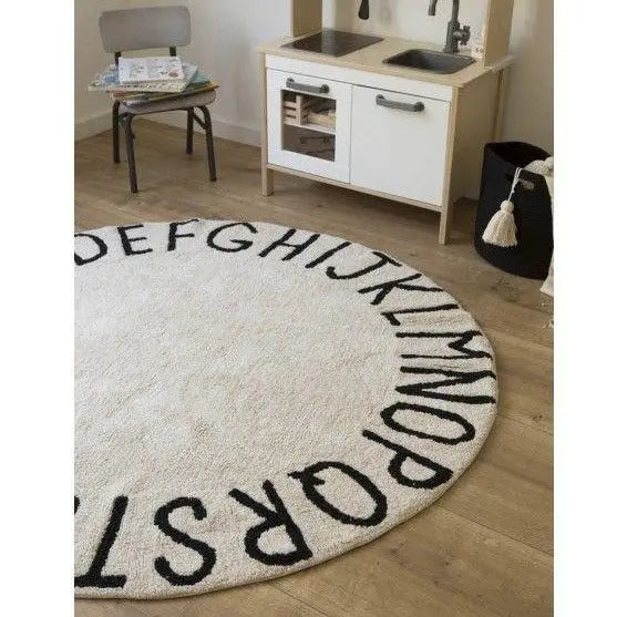 Washable cotton rug "round ABC" natural - black-Nursery & Beyond-Lorena Canals-Blue Almonds-London-South Kensington