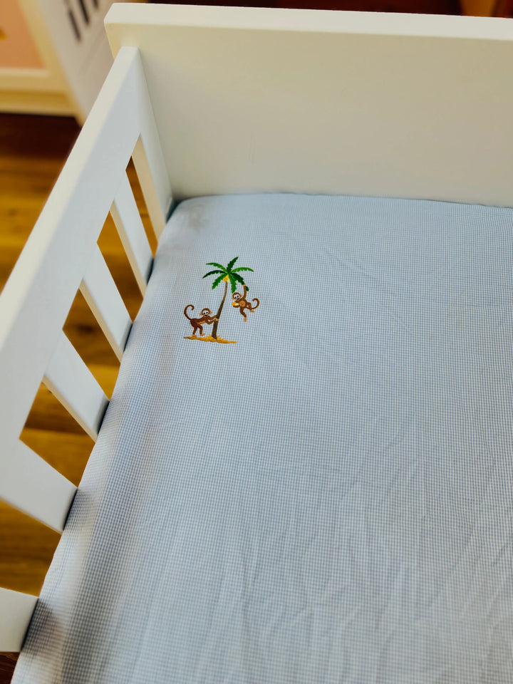 Cotbed fitted sheet "safari" blue-Towels & bedlinen-Gordonsbury-Blue Almonds-London-South Kensington